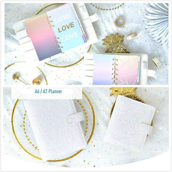 A6/A7 White Glitter Leather Binder Planner with Refillable Inserts