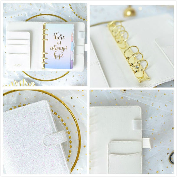 A6/A7 White Glitter Leather Binder Planner with Refillable Inserts