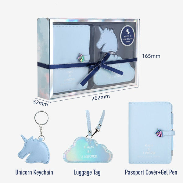 Unicorn Leather Passport Gift Set with Gel Pen, Luggage Tag and KeyChain