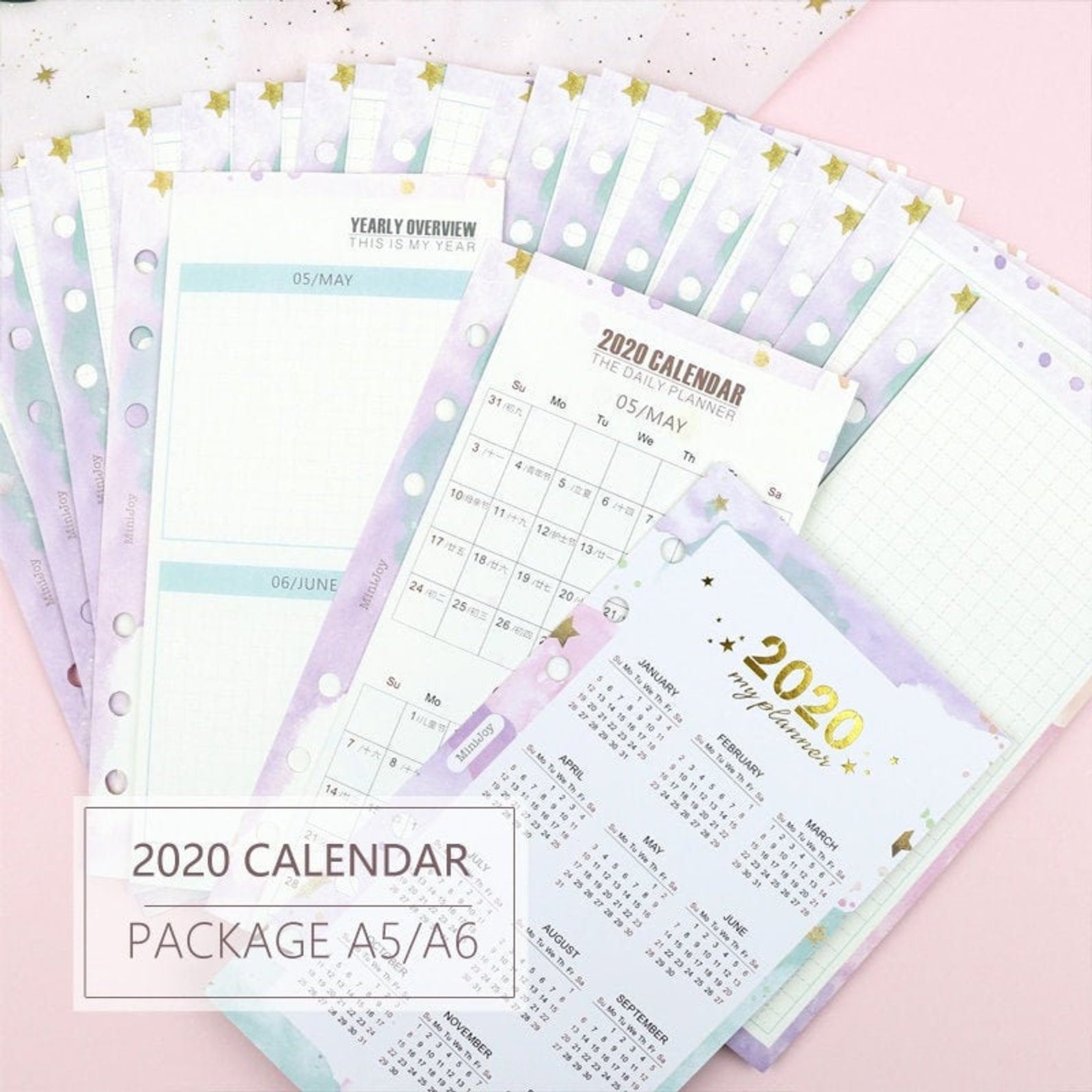 A5/A6 Calendar 2020 Three-Fold Binder Planner Refills Set (46 Pages)