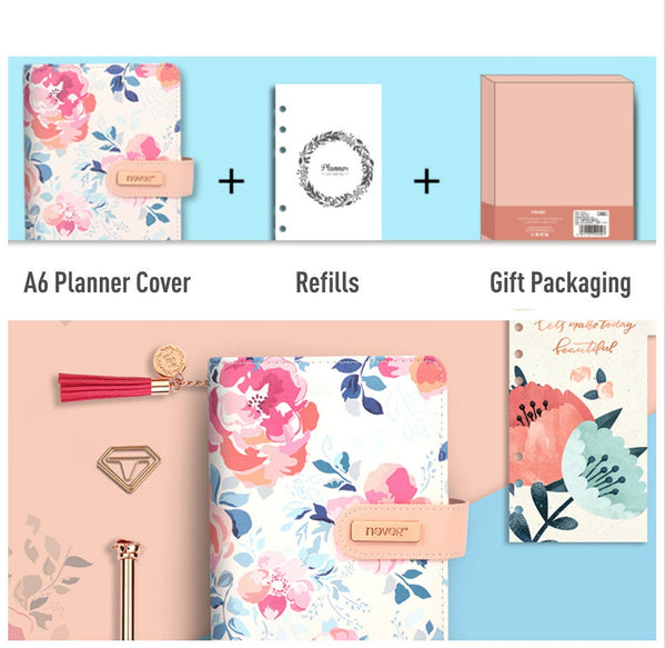 A6 Premium Leather Binder Floral Planner with Refillable Inserts