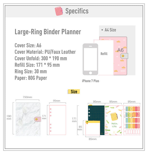 A6 Large-Ring (30mm) Leather Binder Planner with  Refillable Inserts