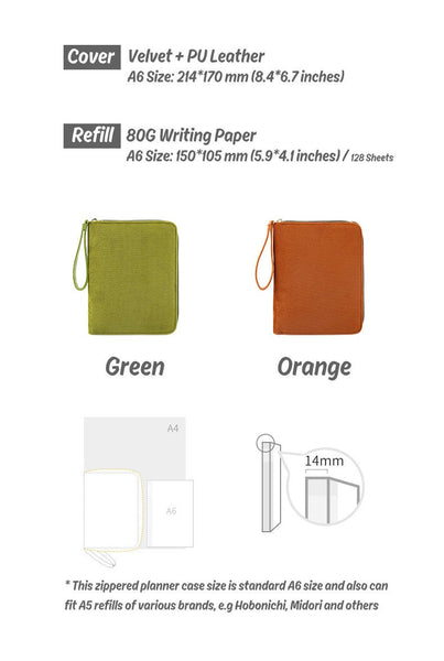 A6 Zippered Planner with Refillable Notebook (Green/Orange)