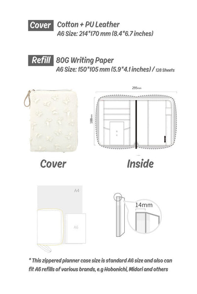 A6 Zippered Planner with Refillable Notebook (White Butterfly)