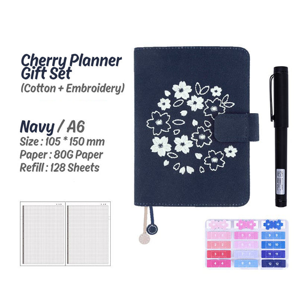 A6 Hobo-Style Cherry Planner Set with Refillable Notebook, Pen and Sticker