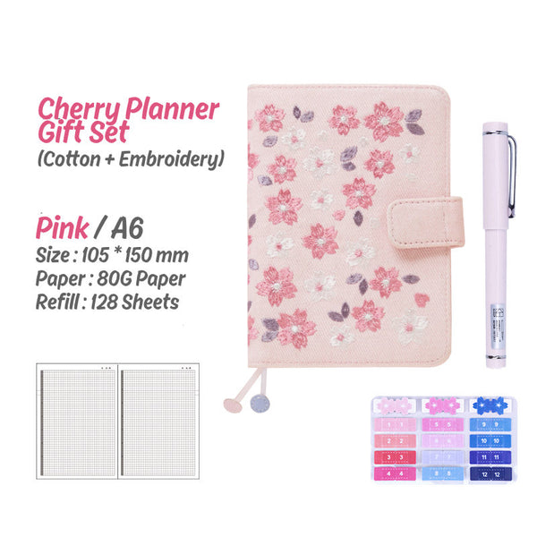 A6 Hobo-Style Cherry Planner Set with Refillable Notebook, Pen and Sticker