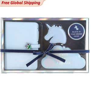 Unicorn Leather Passport Gift Set with Gel Pen, Luggage Tag and KeyChain