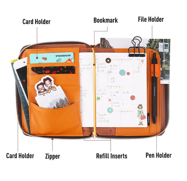 A6 Zippered Planner with Refillable Notebook (Green/Orange)