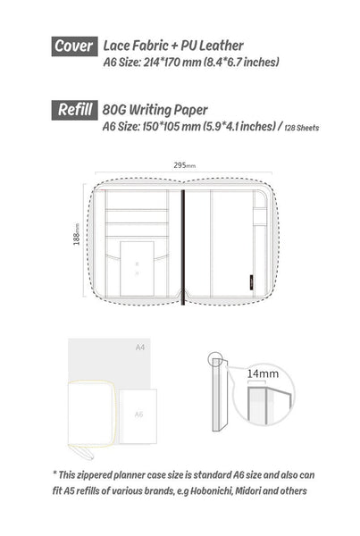 A6 Zippered Lace Planner with Refillable Notebook
