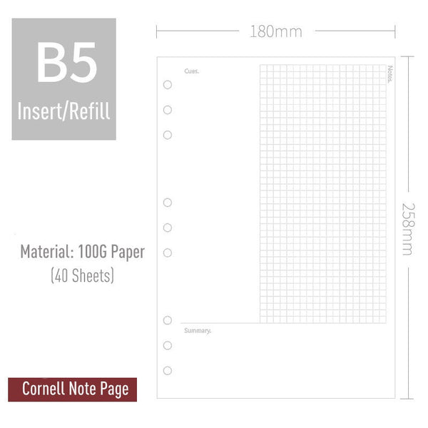 B5 Planner Refills (40 Sheets)-Grid/Dotted/Weekly/Monthly Page